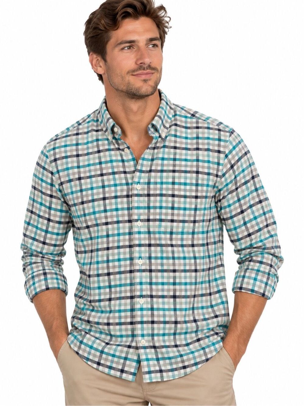 American Eagle Classic Fit Teal Gray Plaid Long Sleeve Button Down Shirt Small